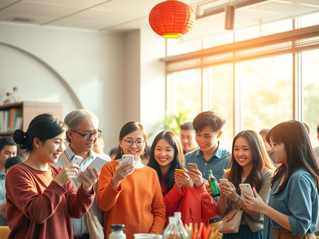 A Chinese family standing around a table at a gathering on their phones