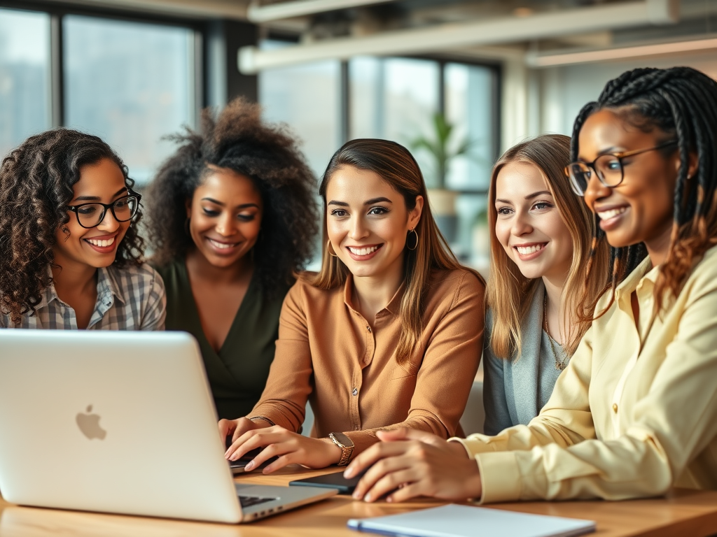 A group of diverse, female CEO's collaborating in a modern office space