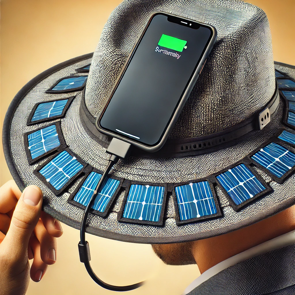 Solar-powered hat with discreet, flexible solar panels embedded in the brim, wirelessly charging a smartphone outdoors on a sunny day, promoting sustainable fashion and eco-friendly wearable technology.