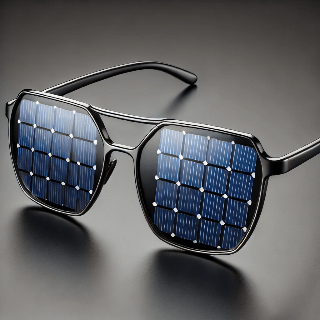 Solar-powered sunglasses with sleek, thin solar panels on the frame, designed for eco-friendly energy generation and modern sustainable fashion.