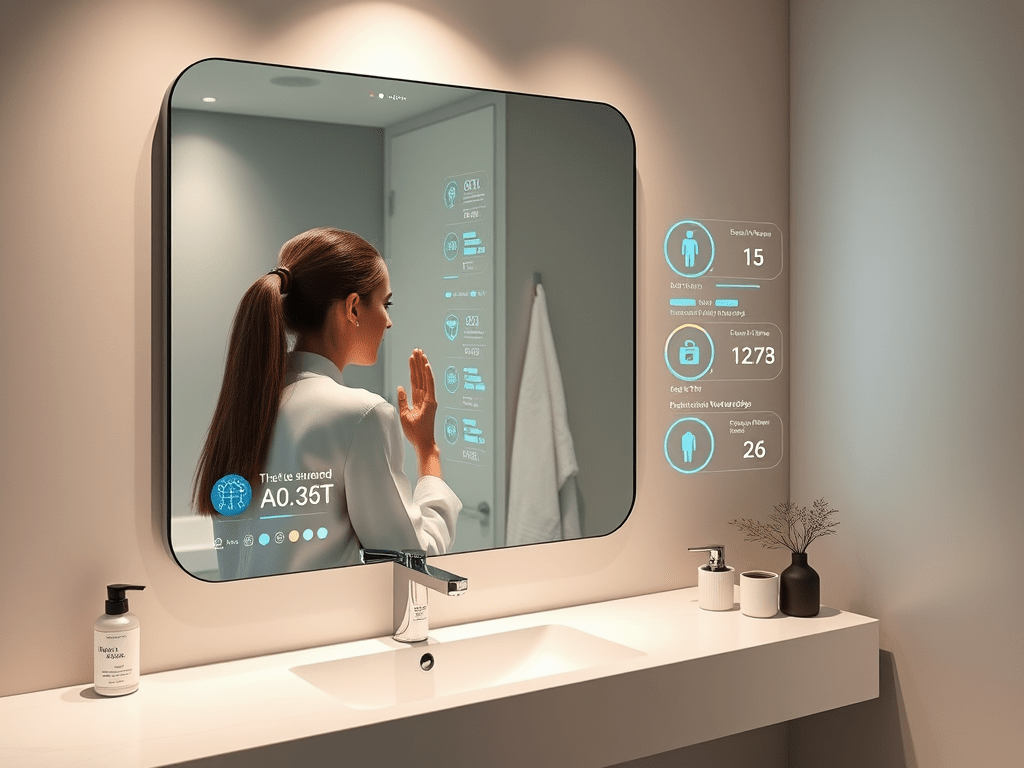 Smart mirror in a modern bathroom displaying health and wellness data with a woman in a white robe performing skincare routine, featuring futuristic augmented reality (AR) interface with charts and stats.
