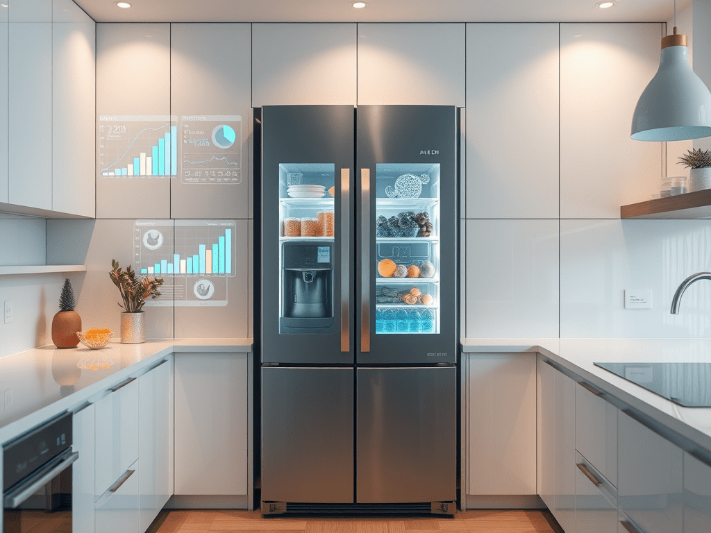 Smart fridge in a sleek, modern kitchen, showing data related to what's inside the fridge.