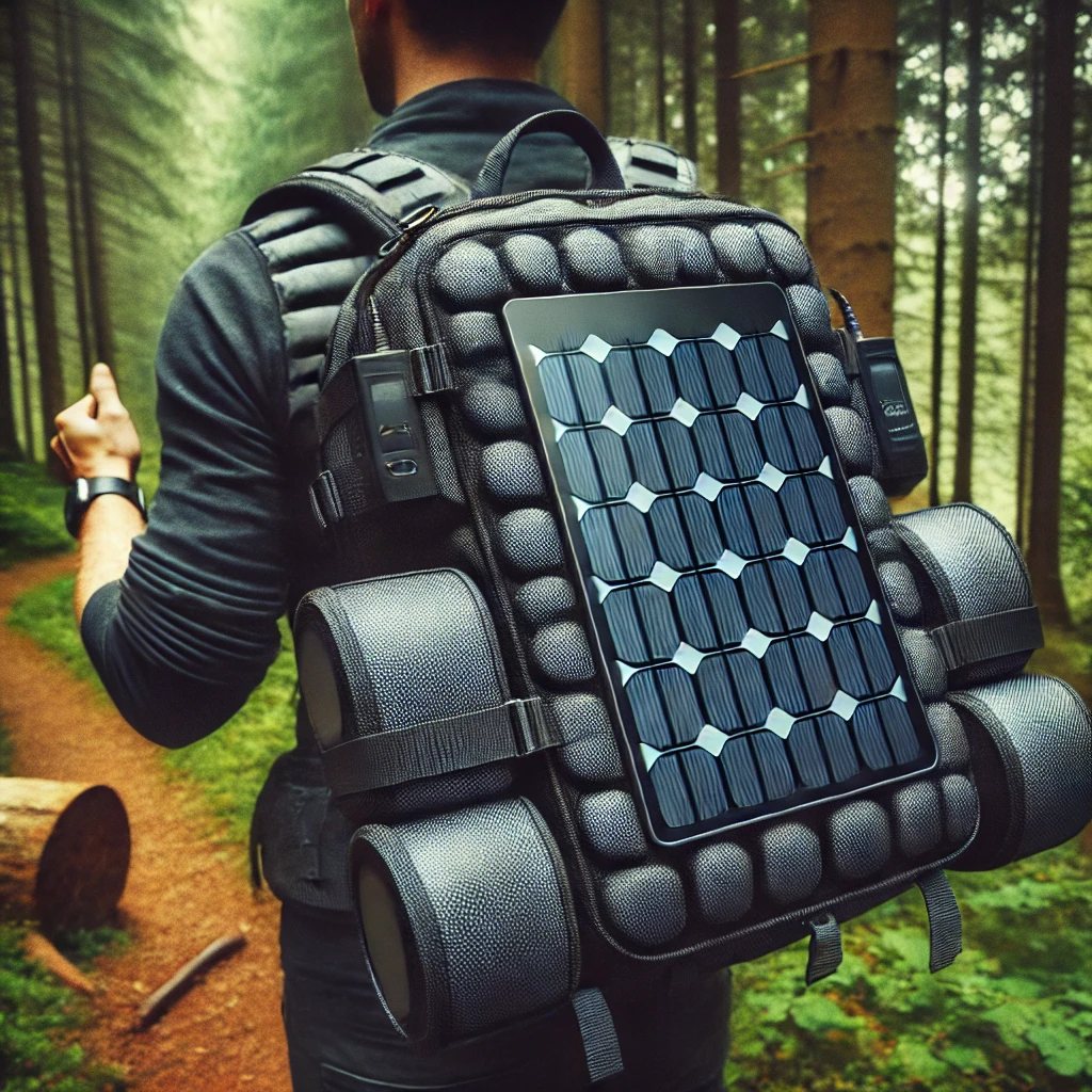 Solar-powered backpack with flexible solar panels charging a tablet while worn by a hiker on a forest trail, promoting eco-friendly wearable technology for outdoor activities.