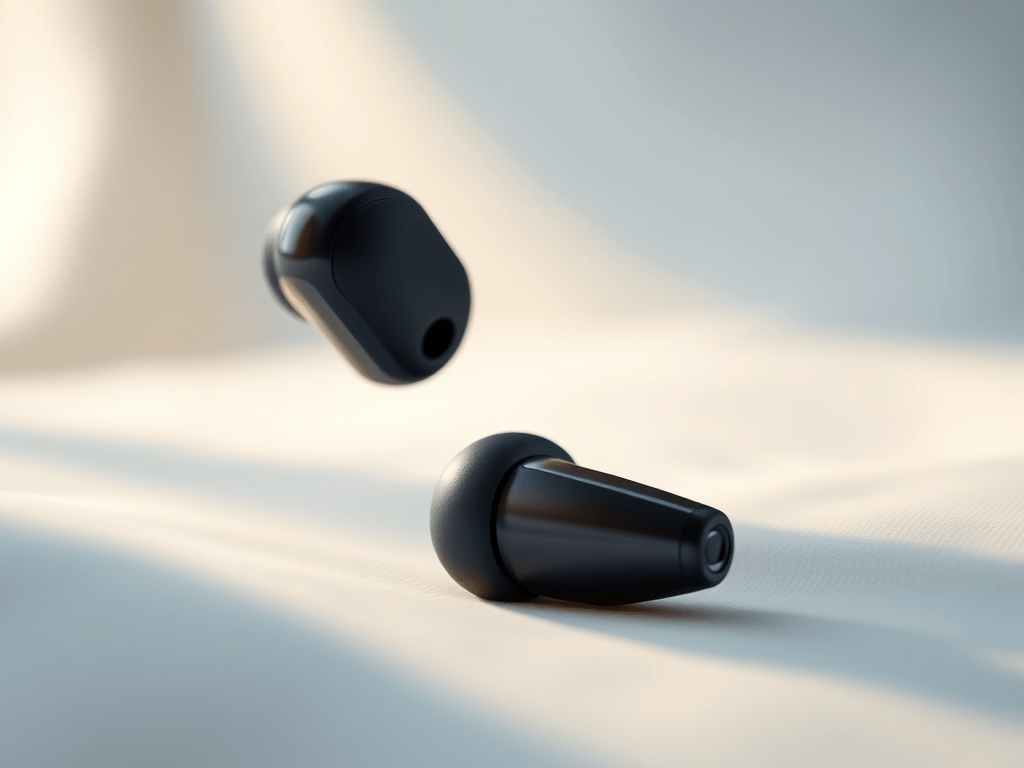 Sleep tech snore-blocking earbuds. Black earbuds against a white background.