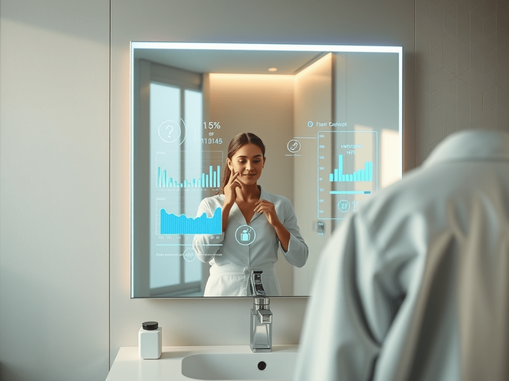 Smart mirror in a modern bathroom displaying health and wellness data with a woman in a white robe performing skincare routine, featuring futuristic augmented reality (AR) interface with charts and stats